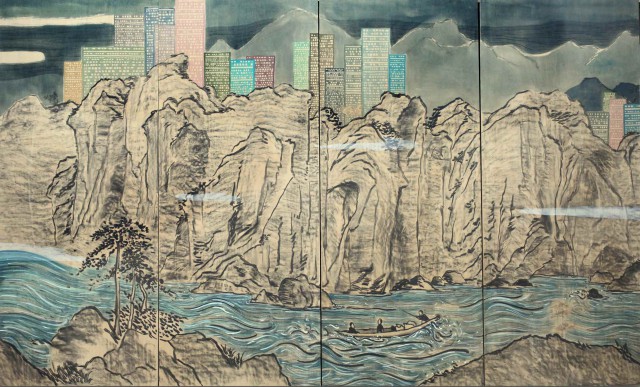 Lam Tungpang  Land Escape No. 12, 2014  Acrylics, charcoal, stickers and plywood  244 x 400 cm  Courtesy of the Artist